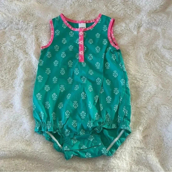 Carter’s 9-12 month teal and pink tank top romper with button + ruffle details​ - Picture 1 of 5